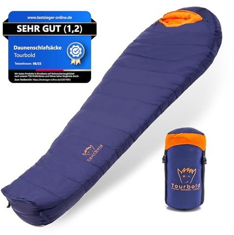 TOURBOLD® Daunenschlafsack Outdoor | 3 Jahreszeiten | Ultraleicht (1250 g) | Kleines Packmaß | Extra Langer Reißverschluss | Komfort-Schnitt | Mumienschlafsack | Camping Trekking Bergsteigen