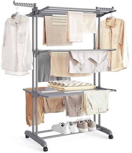 SONGMICS Wäscheständer, Standtrockner 4 Ebenen, Flügelwäscheständer, klappbare Flügel, mit Rollen, 63,5 x 128 x 173 cm, groß, einfacher Aufbau, Taubengrau LLR701G01