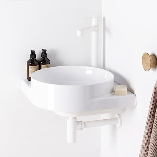RAVAK Eckwaschbecken-Set Yard 450 C 4in1 – Platzsparendes Design-Waschbecken mit Einbauregal & Zubehör | Keramik Hängewaschbecken zur Wandmontage mit Hahnloch