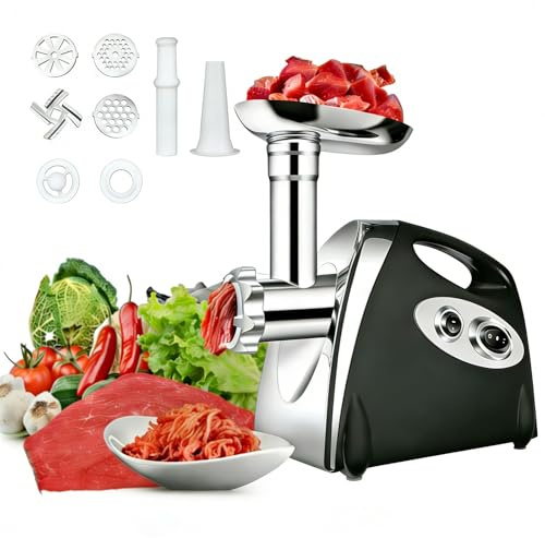 awolsrgiop Fleischwolf Elektrisch, 2800W Elektrischer Fleischwolf Wurstfüller mit 3 Mahlplatten und Wurstfüllrohren, Fleischwolf Elektrisch Multi Küchenmaschine Meat Grinder - Schwarz