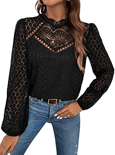 GORGLITTER Damen Blusen Spitzen Oberteiel Hemdbluse Langarm Spitzenbluse | Trachtenbluse Damen, Weiße Spitzenbluse, Dirndl Bluse Damen Langarm, Psrty Oberteil, Partyoutfits Damen