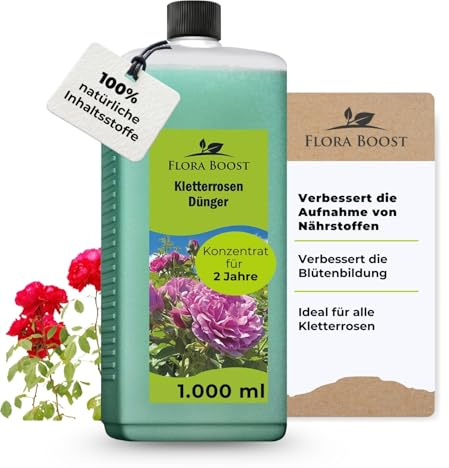 Konfitee Kletterrosen Dünger Flora Boost 1000ml I Für bis zu 200L Gießwasser I Langzeit Blumendünger für Rosen I Flüssiger Blatt- & Wurzeldünger I 100% natürlicher Pflanzendünger