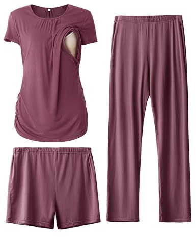 SUNNYBUY Damen Umstandsmode Stillpyjama-Set, Kurzarm-Stillshirts, Schwangerschafts-Shorts und Hosen, 3-teiliges Stillpyjama-Set, Dunkelrot XL