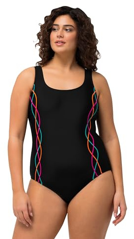 Ulla Popken Damen Badeanzug, Pipings, Unterbrustband, Vorderfutter T-Shirts, Schwarz, 48 EU