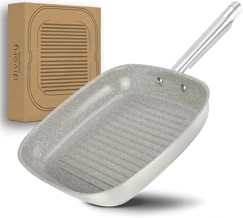 DIVORY Grillpfanne gerillt Induktion 28 x 28cm, Steakpfanne beschichtet aus Edelstahl mit Keramikbeschichtung, backofenfest und für alle Herdarten - PFAS & PTFE frei (Natura, 28cm)