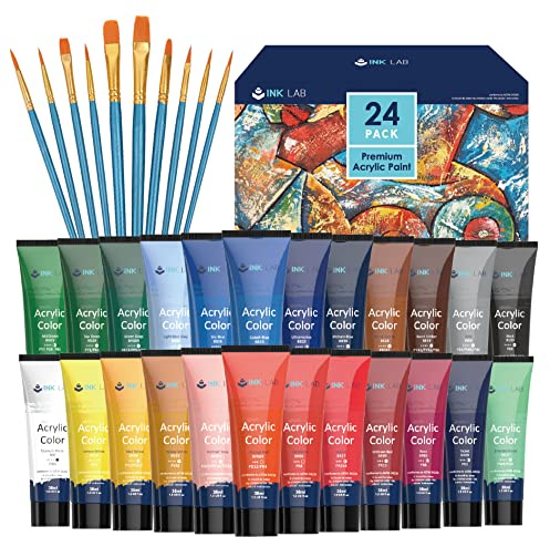 INK LAB Acrylfarben Set 24 x 36 ml, Acrylfarbe mit 10 hochwertige Pinseln, acrylic paints mit hoher Viskosität und starker Deckkraft, Ideal für Leinwand, Holz, Papier, Stoffe, Anfänger und Profi