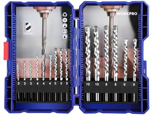WORKPRO 15tlg. Steinbohrer Set mit Aufbewahrungskoffer, 3, 4, 5, 6, 8, 10mm Durchmesser Bohrerset, Werkzeug zum Bohren in Stein & Mauerwerk