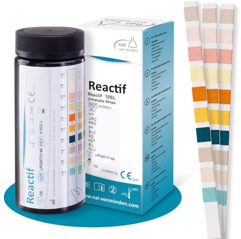 Reactif 100x Urin Teststreifen 10 Parameter - Urinteststreifen & Harnteststreifen Selbsttest für Harnwegsinfekt, Blasenentzündung, Ketose, Diabetes, pH-Wert, Glucose & Blut