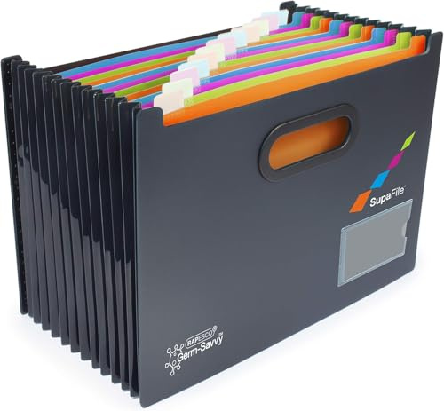Rapesco 1489 SupaFile 13-Teilige Fächermappe, A4 | Erweiterbare Dokumentenmappe, Schwarz mit Mehrfarbigen Trennblätter, Germ-Savvy Antibakterieller Schutz