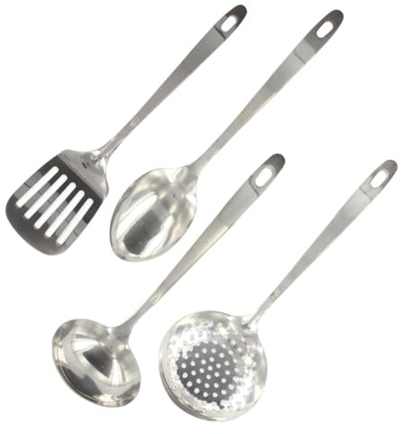 Fackelmann 9908950 Küchenhelfer-Set 4-teilig, Edelstahl, Kochkelle, Servierlöffel, Skimmer, Pfannenwender, Edelstahl, 32,1 x 7,9 x 3 cm