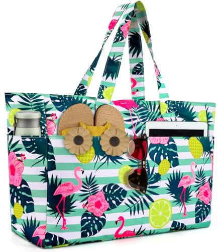 ISEYOU Strandtasche XXL Familie, Groß Strandtasche mit Reißverschluss Wasserdicht Sanddicht, Handtasche Umhängetasche Damen 45L, Faltbar Ultraleicht Badetasche für Urlaub Reisen Fitnessstudio Picknick