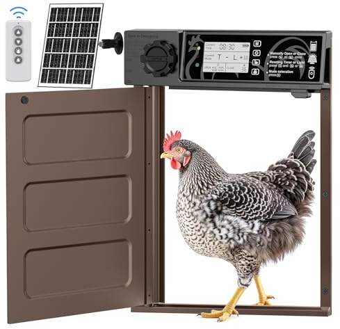Große Größe Automatische Hühnerklappe Solar, Aluminum Seitliche Öffnung | Hühnerklappe Automatisch mit Lichtsensor & Timer, Elektrische Hühnertür mit 7W Solarpanel, LED Display, Fernbedienung, Braun