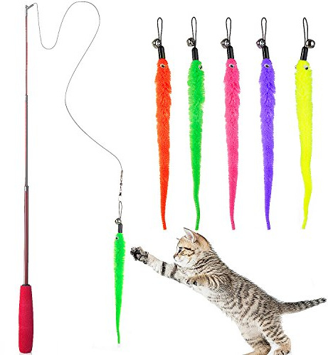 Diealles Interaktives Katzenspielzeug, Einziehbare Natürliche Federstab Katze Spielzeug mit 5 Stück Katzenangel Ersatz Wurm Katzenspielzeug