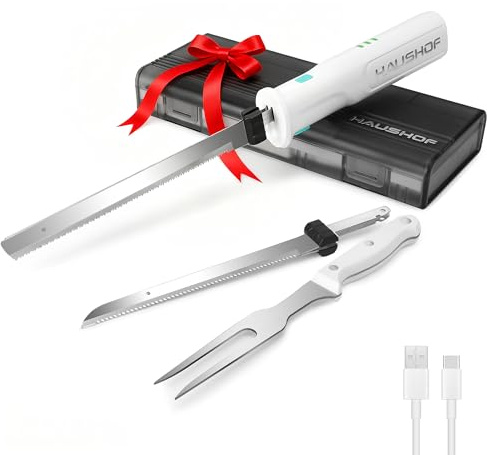 HAUSHOF Elektromesser, Kabelloses Küchenmesser mit 2 Edelstahlklingen, Elektrisches Messer mit Gabel, 2000 mAh Akku für Präzises Schneiden von Brot, Fleisch und Käse, mit Aufbewahrungsbox, Weiß