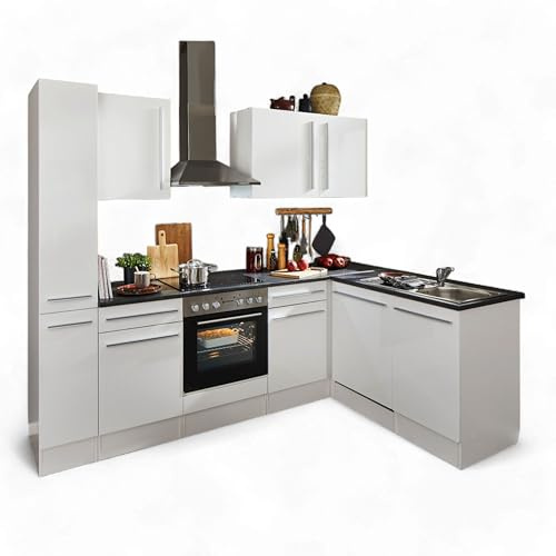 Stella Trading Jazz 8 Moderne Eckküche mit Elektrogeräten in Weiß Hochglanz, Metallic Grau - Geräumige Küchenzeile in L-Form mit viel Stauraum - 250 x 211 x 60 cm (B/H/T)