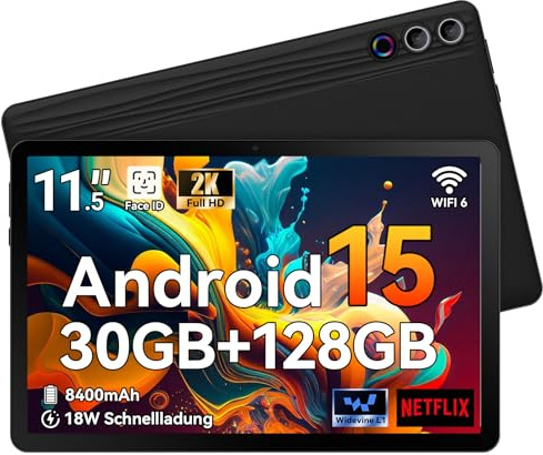 Tablet｜Android 15 Tablet 11,5 Zoll Octa-Core, Android Tablets 30GB+1TB TF, 2000*1200 FHD 90Hz Display, 8400mAh, Widevine L1, 13MP Kamera, WiFi 6&BT 5.3, Tablet PC für Arbeit/Studium - Schwarz