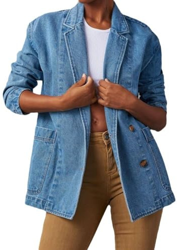 LAPOOH Denim Blazer, Damen Jeansjacke, Lockere Business Casual Jeansjacke Mit Gekerbtem Reverskragen, Lange Ärmel, Knopf Jeansjacke, Leichte Vintage Übergangsjacke