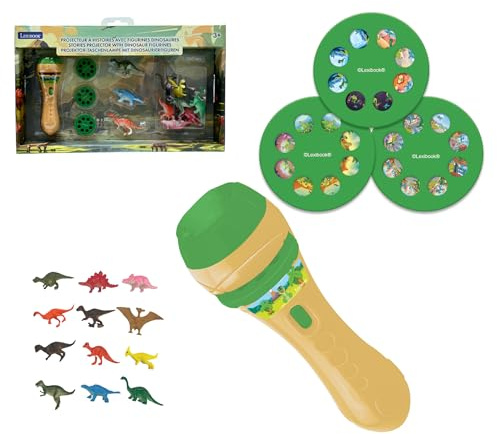 Lexibook, Geschichtenprojektor und Taschenlampe, Erstellen Sie bis zu 3 Geschichten mit 24 Dinosaurierbildern, inklusive 12 Dinosaurierfiguren, Gelb/grün, LTC045Z
