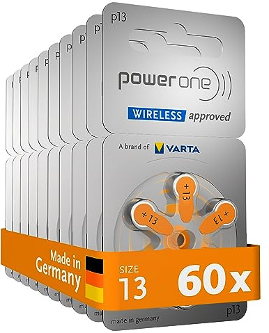 Power one Hörgerätebatterien Typ 13 orange, Batterien 60 Stück Vorratspack, wireless approved, Größe p13 für Hörgeräte und Hörhilfen, high hearing level, quecksilberfrei, Made in Germany