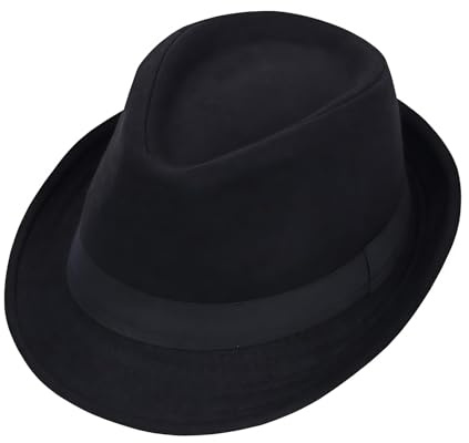 VASANA Klassischer Fedora-Hut aus schwarzer Wollmischung, breite Krempe, für Kirche, Derby und Jazzmütze, Panama-Hut, flach, Schwarz, L