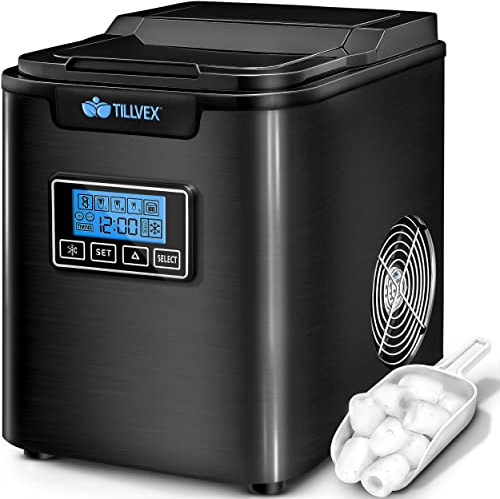 tillvex Eiswürfelmaschine Edelstahl 12 kg - 24 h | Eiswürfelbereiter mit Timer und 2,2 Liter Wassertank | Ice-Maker LCD-Display & Selbstreinigungsfunktion | 3 Eiswürfel Größen (Schwarz)