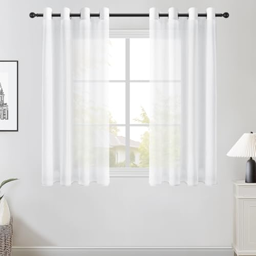 Topfinel Gardinen Vorhang mit Ösen, Vorhänge Wohnzimmer Modern, Gardine Halbtransparent 160 cm lang und 140 cm breit, Ösenvorhänge 2er-Set, Fertiggardinen Weiß mit Metallösen