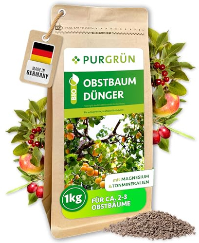 Purgrün® Bio-Obstbaum-Dünger 1 kg – Organisch-mineralische Rezeptur – Feinkörniges Krümelgranulat – NPK 6+3+8 – Mit Magnesium für große, aromatische Früchte – Verbessert die Bodenqualität