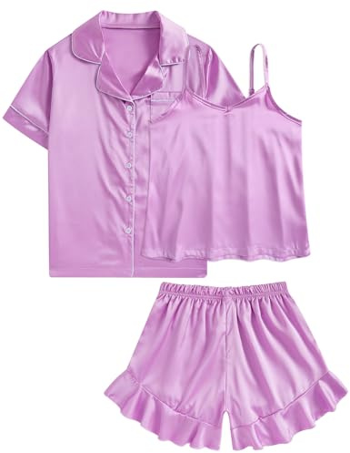 Belovecol Mädchen Satin Nachtwäsche Kurzarm Button Shirt und Rüschen Shorts Camisole Top 3 teiliges Pyjama Set Seidiger PJ 8 9 Jahre