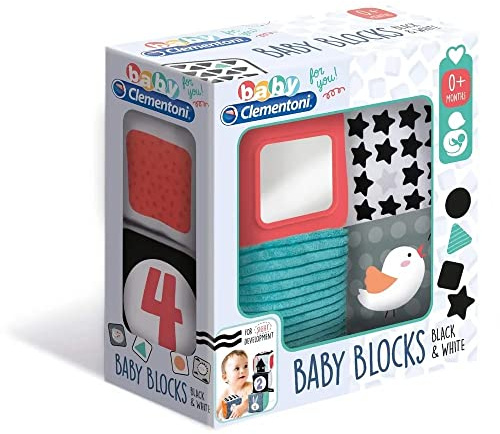 Clementoni 17321 Black & White Würfel, 4 lehrreiche Plüschwürfel, weiches Spielzeug für Babys Entwicklung, Stofftier für Säuglinge, Motorik- & Wahrnehmungs-Lernspielzeug