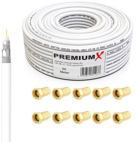 Premium X 50m BASIC Koaxialkabel 135dB 4-fach SAT Antennenkabel Koaxkabel DVB-S/S2 DVB-C DVB-T BK Anlage SAT-Kabel 10x F-Stecker