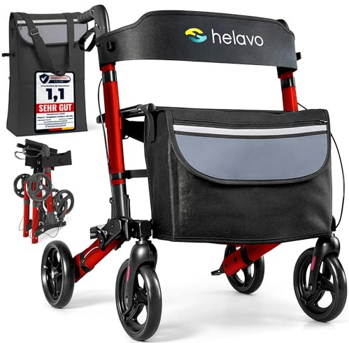 Helavo faltbarer Rollator mit Sitz - Leichtgewichtrollator für Senioren aus Aluminium für Drinnen & Draußen - Kompakt klappbar, höhenverstellbar, 4 Räder, mit Rückenlehne
