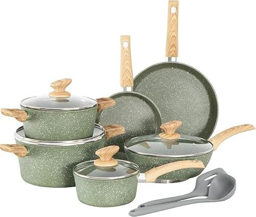 Kitchen Academy Topfset 12tlg Antihaft-Versiegelung Kochgeschirr Set Topf und Pfannenset mit Deckel, Töpfe und Pfannen set für Induktion, Gasherde und Mikrowelle, Grün