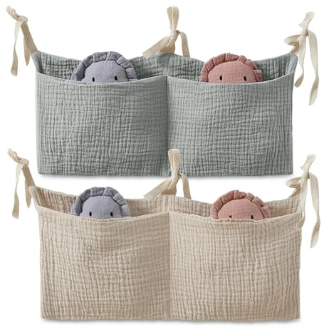 ZOCONE 2 Stücke Babybett Organizer Hängend, 2-in-1 Baby Kinderzimmer Organizer Aufhängen Babybett Verstellbarer Organizer für Windeln Kleidung Spielzeug Hängeorganizer Babybetttasche(Bohnengrün+Khaki)