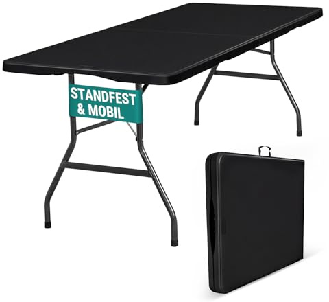 Byliable Klapptisch, 180cm, tragbar, robust, Kunststoff, zusammenklappbar, für drinnen und draußen, für Camping, Picknick und Party (Schwarz)