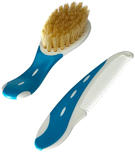 NUK Babybürste aus 100% Naturhaar mit Kamm mit abgerundeten Spitzen, 1 Stück, türkis