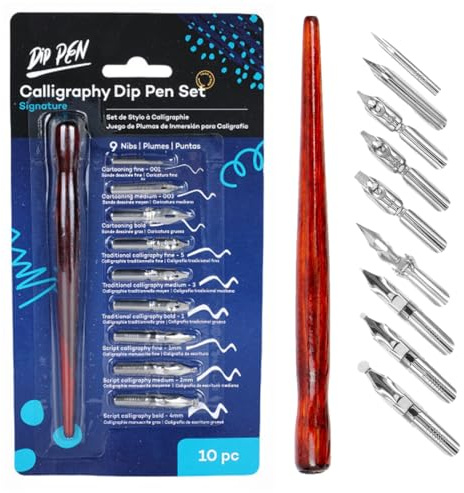 CEJAS Federhalter und Halter Set mit 1 Federhalter 9 Federn Comic Stiftspitzen Kalligraphie Tauchstift Zeichenfeder Schönschreibfüller Schreibfeder Stifthalter Kalligrafie Set für Künstler
