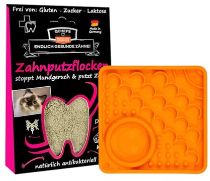 Qchefs Schleckmatte Kitty mit ZahnputzFLOCKEN für Katzen zum schlecken. Zahnpflege als Futter Topping auf der Leckmatte bei Mundgeruch und als Zahnsteinentferner