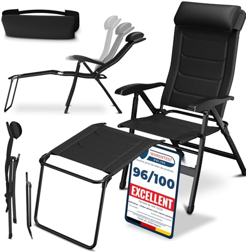 ELONEO Campingstuhl faltbar mit Abnehmbarer Beinauflage, Klappstuhl gepolstert aus Aluminium, Gartenstuhl klappbar, Liegestuhl mit Verstellbarer Rückenlehne, Camping Chair schwarz gepolstert