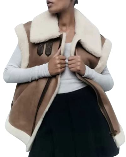 HaicoM Damen Oversize Biker Weste, Lammfell/100% Lammfell-Weste, mit Kunst-Teddy-Fleece gefüttert, Reißverschluss, kontrastierende, ärmellose, dicke Jacke, Übergröße, leger, Braun, XXL