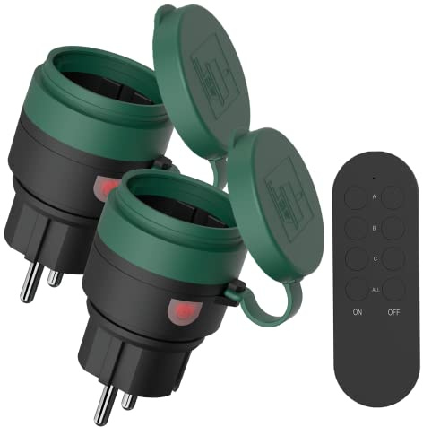 SURNICE Funksteckdosen mit fernbedienung Aussen, IP44 Wasserdicht Steckdosen Set 1+2, 2300 Watt, für den Außenbereich, 80M Reichweite, Plug & Play Funkschalt Set, GRS Zertifiziert
