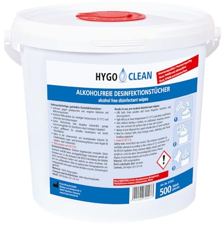 500 Stück Hygoclean Desinfektionstuch alkoholfrei | PP, 500 Stück, blau, L: 20cm, B: 23,5cm, Spendereimer, Karton, Schnell-Desinfektionstücher in Spenderdose, Reinigungstücher