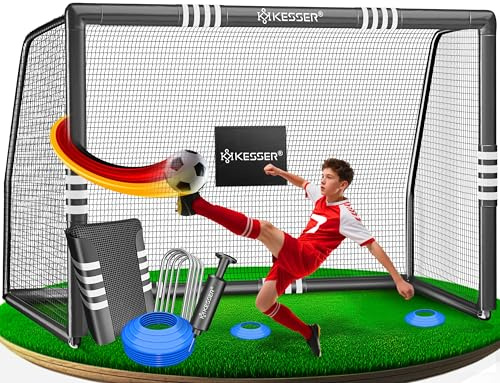 KESSER® Fußballtor für Garten Robustes Outdoor Training Schusstraining UV-beständigem Netz, Stahlrahmen mit Polsterung, Erdhaken, Luftpumpe, Hüttchen, Montagezubehör für Kinder und Erwachsene