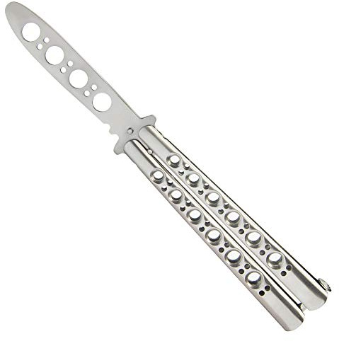 vornnex Butterfly Trainer zum Üben, ungeschärfte Klinge,Balisong Trainer komplett Edelstahl, 100% sicheres, stumpfes Butterfly Trainings, Silberfarben