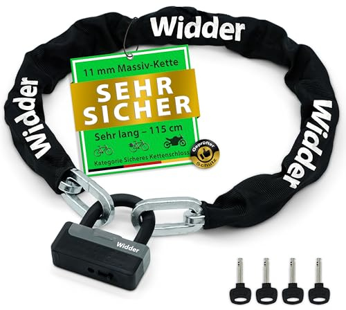 Widder Titan-Stahl [Level 15] Kettenschloss mit 4 Schlüssel - 115cm lang & 11mm massiv - für Motorrad Moped e Roller e Bike Fahrrad e Scooter Schloss - Motorradschloss & Fahrradschloss hohe Sicherheit