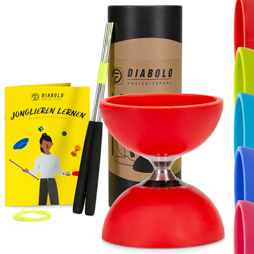 Diabolo Freizeitsport Jonglier-Set Pro mit kugelgelagertem Diabolo (rot), Handsticks aus Aluminium, Ersatzschnur & Anleitung - mit Geschenkverpackung