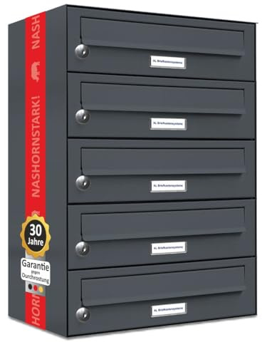 AL Briefkastensysteme 5er Briefkastenanlage Anthrazit Grau RAL 7016, Premium Briefkasten DIN A4, 5 Fach Postkasten modern Aufputz