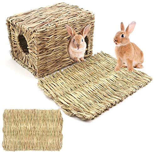 Gearific Grashaus für Kaninchen, handgefertigte Faltbare Betthütte aus natürlichem Gras, essbares natürliches Grasversteck, Versteckhütte, Spielzeugspielhaus für Hasen, Meerschweinchen, Kleintiere