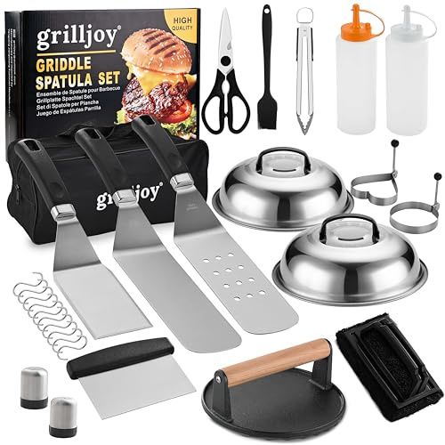 Grilljoy Plancha Zubehör Set Edelstahl, 28-teilig für Burger & Grill | Perfektes Smash Burger Set mit Grillspatel und Burgerpresse, ideal für Outdoor, Camping, Garten&Terrasse, für Plancha-Grill