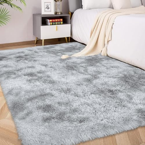 Kuscheliger Hochflor-Teppich für Wohnzimmer Schlafzimmer|Hellgrau 90x150cm | FVVRAX Tie-Dye Shaggy Teppich–Weicher Hochflor Teppich mit Anti-Rutsch-Unterseite| Kuscheliger Teppich für Kinder & Haustiere
