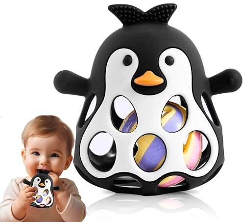 Farout Pinguin Rassel - Beißring Baby & Montessori Spielzeug - Motorikspielzeug Babyrassel für Babyspielzeug ab 3 Monate, Geschenk für Jungen & Mädchen. (Schwarz)